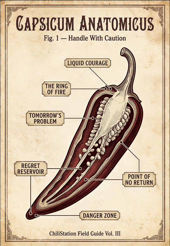 Vintage field-guide illustration: cross-section of a chili pepper labeled Capsicum Anatomicus, Fig. 1 — Handle With Caution