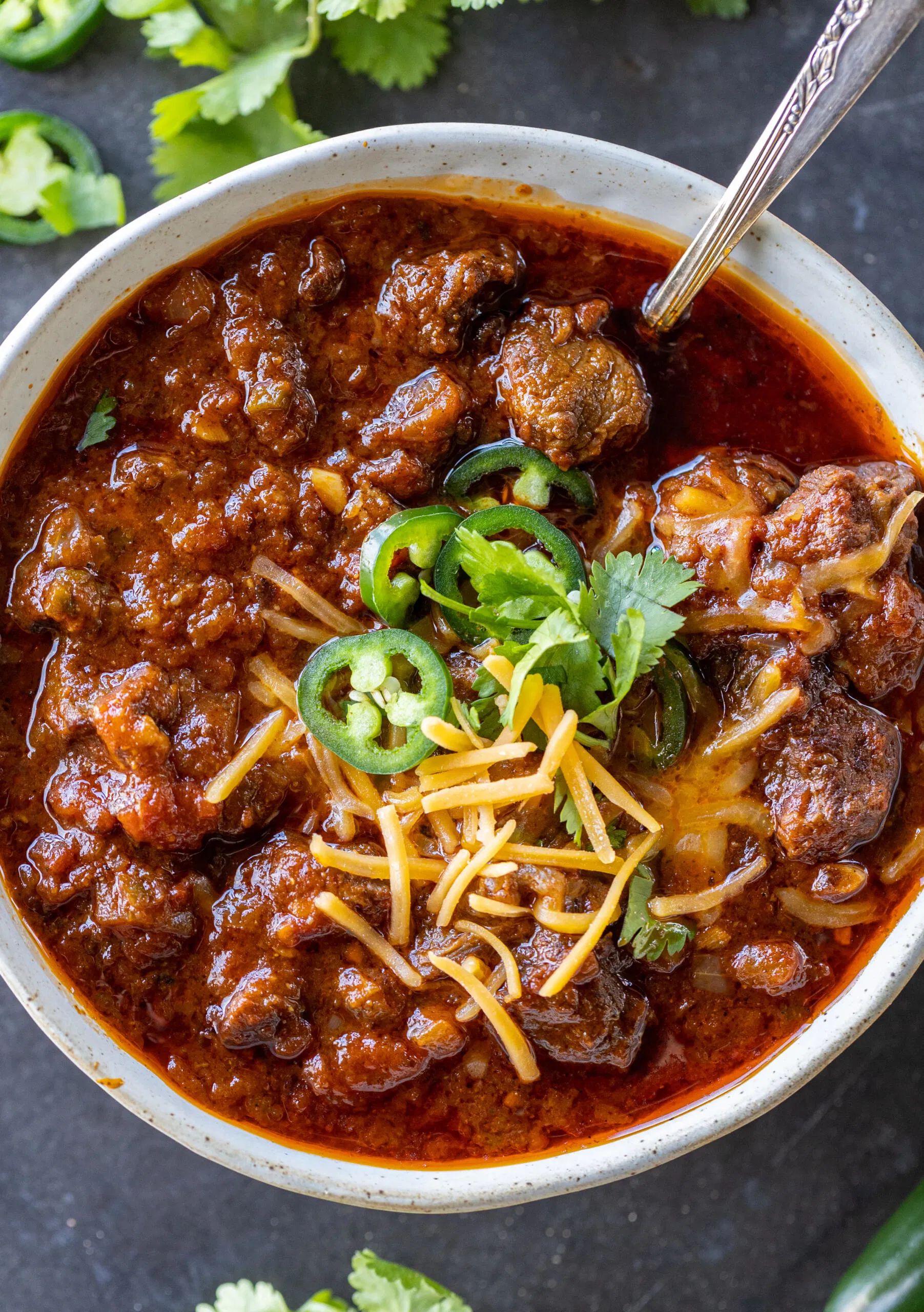Texas Red chili with cubed beef, no beans